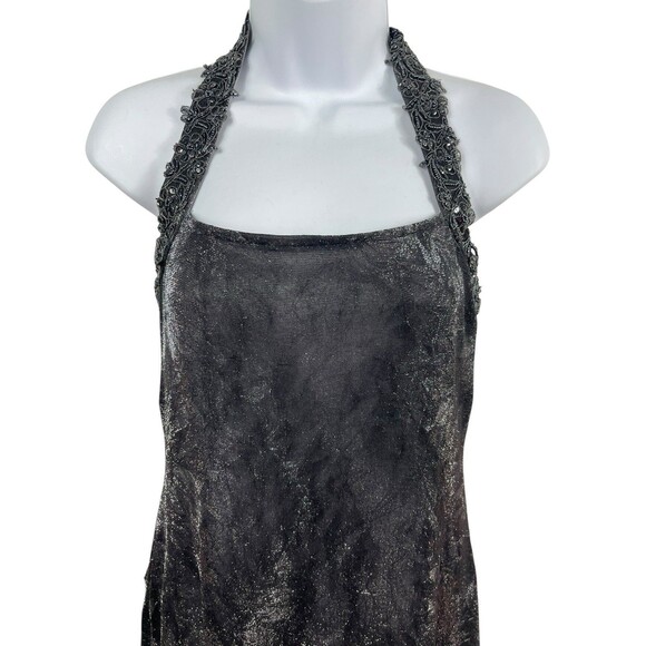VTG 90s Niki Livas Black Silver Shimmer Halter Beaded Formal Evening Dress 6 Y2K - Picture 6 of 16